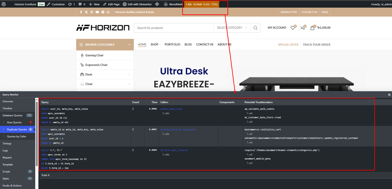 Query Monitor duplicate queries panel showing repeated wpvc_usermeta and wpvc_terms database queries on Horizon Furniture