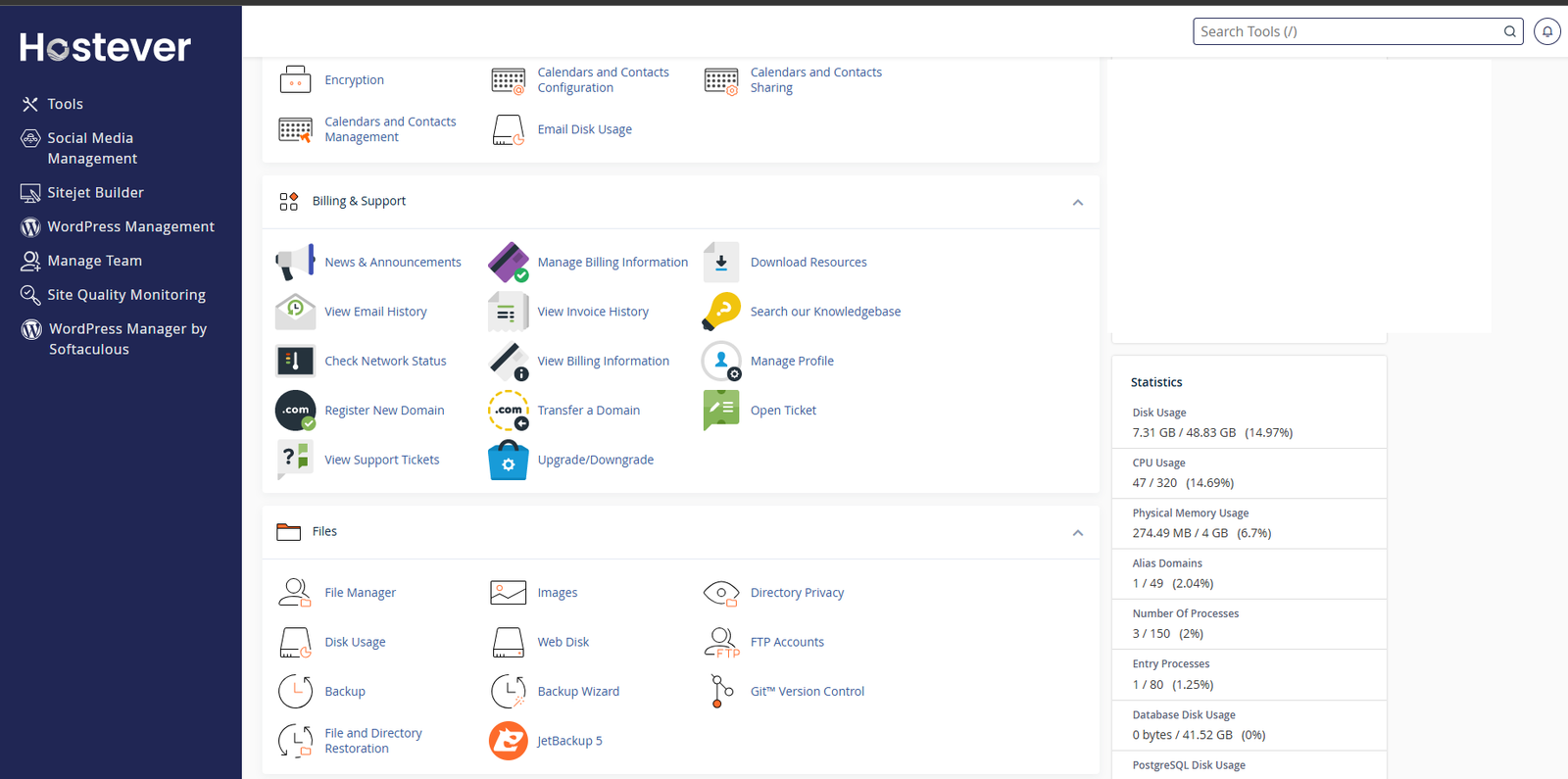 Hostever cPanel Resource Usage dashboard showing 80 Entry Processes limit and CloudLinux CPU limits for Horizon Furniture