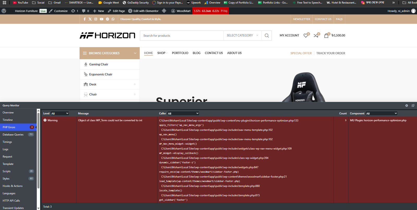 Query Monitor PHP Errors panel showing Object of class WP_Term could not be converted to int in horizon-performance-optimizer.php