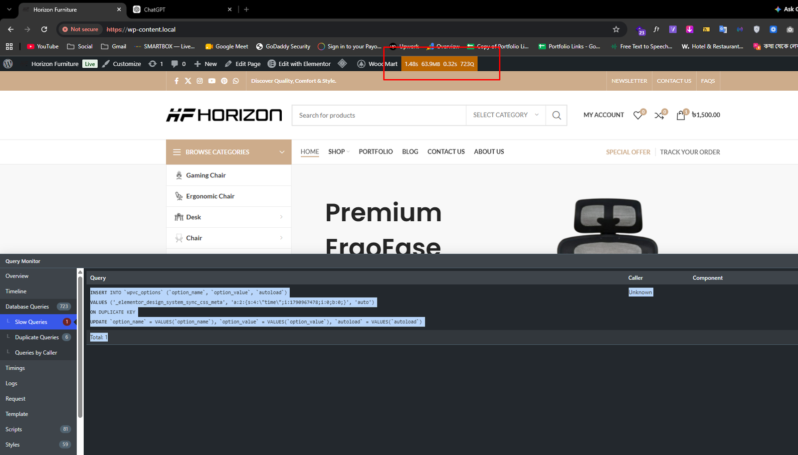 Query Monitor dashboard showing 723 database queries, 1.48 seconds load time, and 63.9MB memory usage on Horizon Furniture homepage