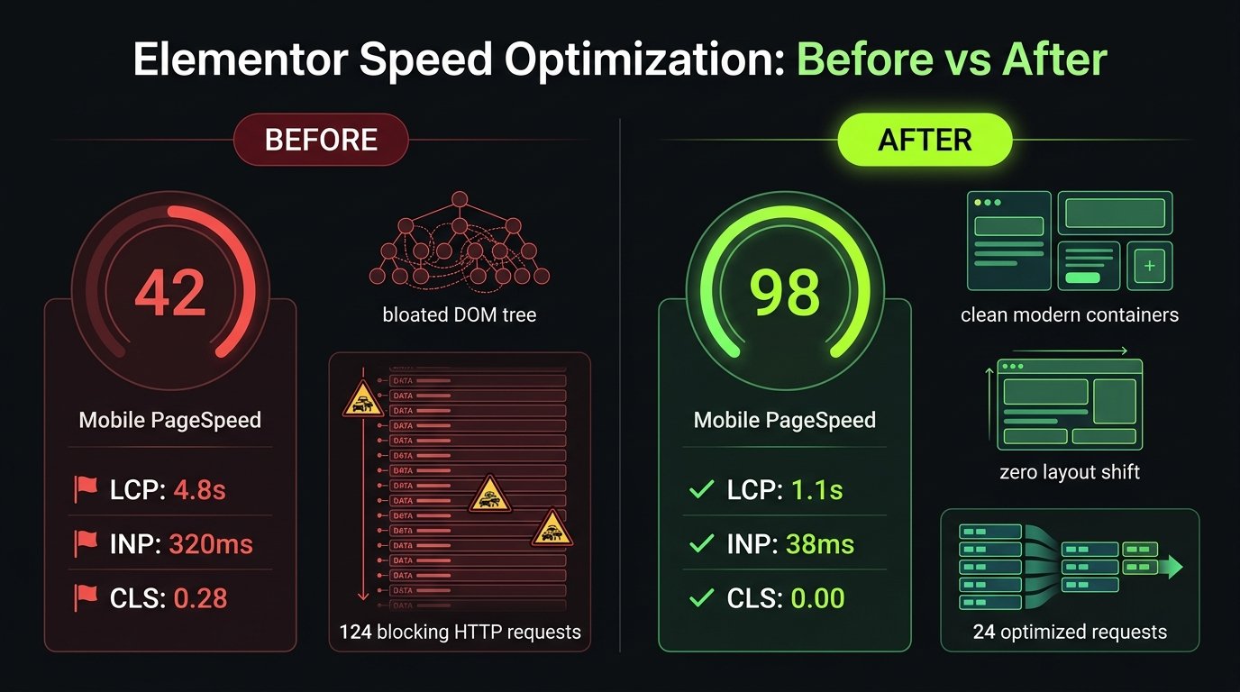 Elementor Speed Optimization: Before vs After Comparison Graphic