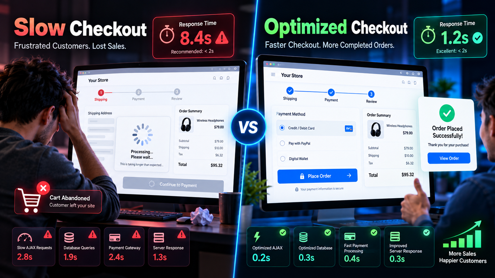 Before and after WooCommerce checkout performance optimization showing slow and optimized checkout