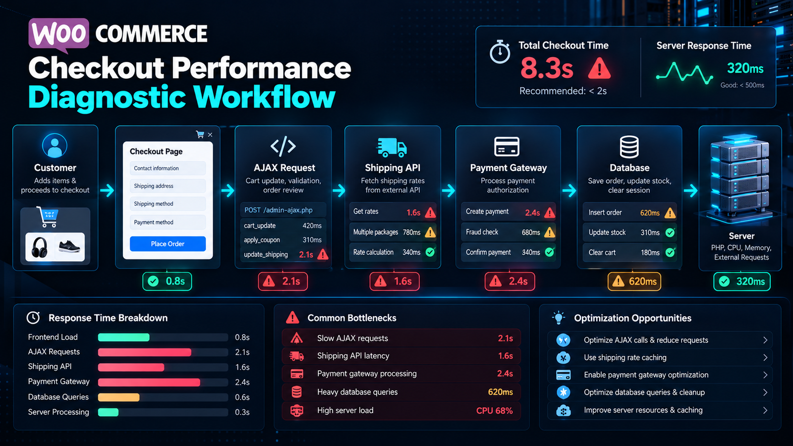 WooCommerce checkout performance diagnostic workflow showing AJAX, shipping, payment, database, and server bottlenecks